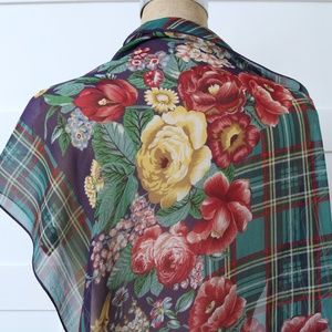 Vintage 1990s RL Ralph Lauren Plaid Hampton Floral Silk Chiffon Scarf